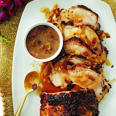 Roast pork loin with bacon-cider gravy recipe