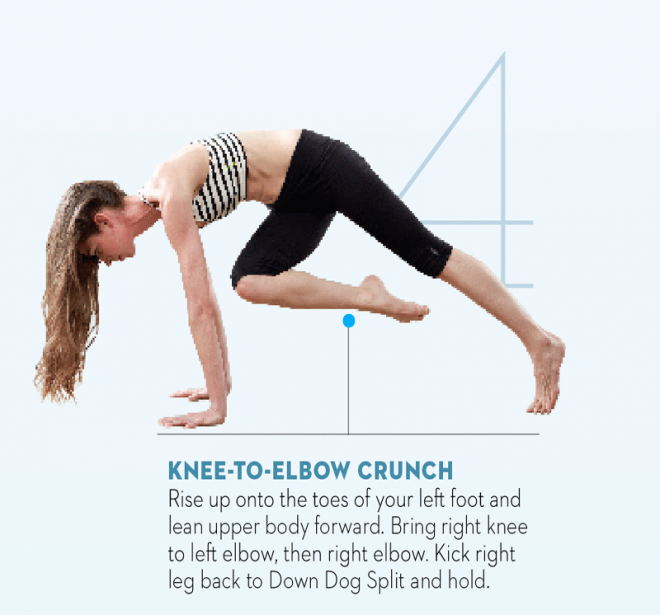 Tara-Stiles-yoga-workout-for-strength-knee-to-elbow-crunch-pose