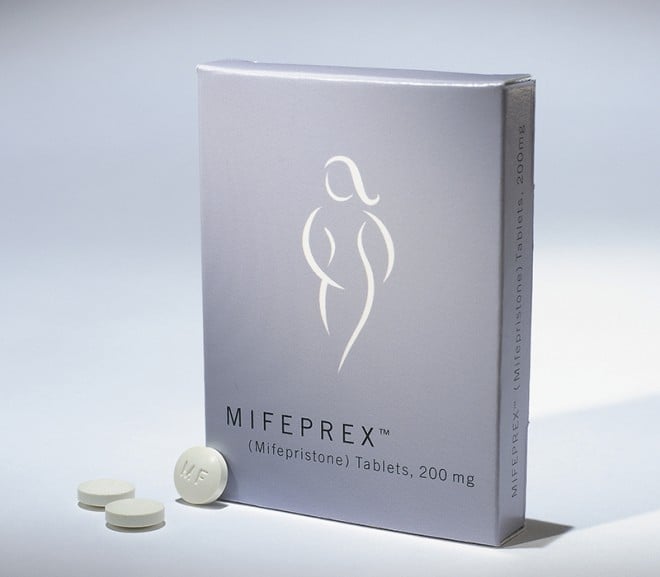 Mifepristone, an abortion pill, mifepristone, in the brand name Mifeprex packaging.