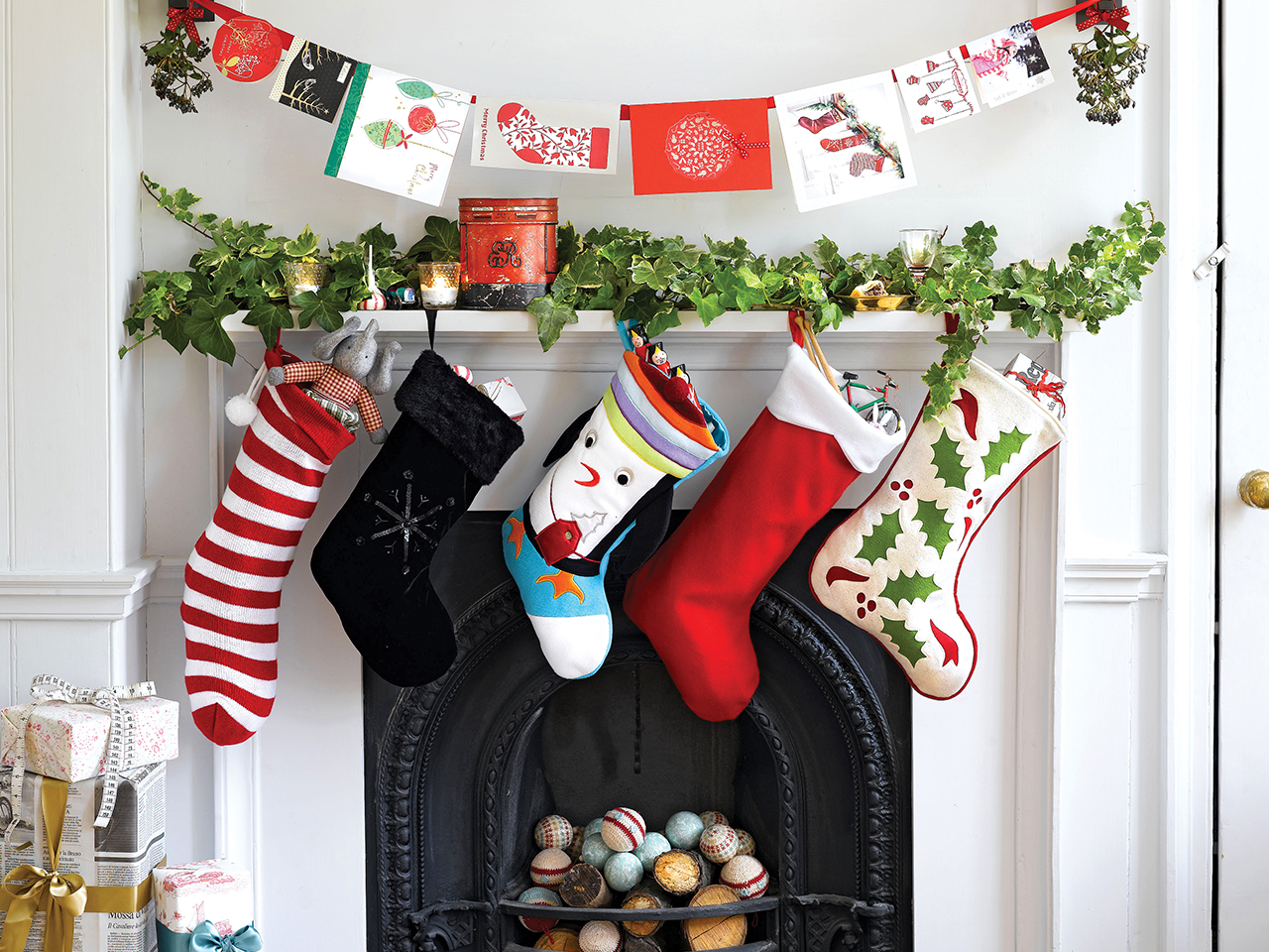 easy holiday decor-stockings on mantle