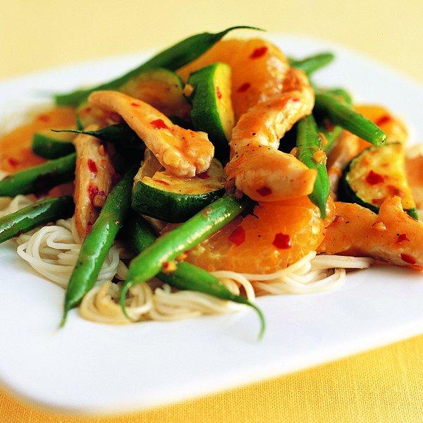 Stir-fried chicken with tangerines, chilies and spring greens