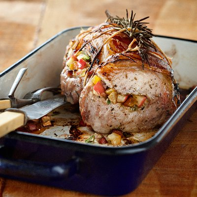 Pancetta-wrapped pork with apple stuffing