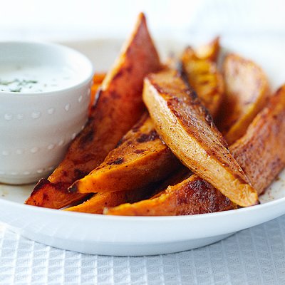 Chunky sweet potato fries with herbed yogurt dip