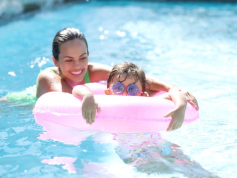 pool, swimming, mother, child