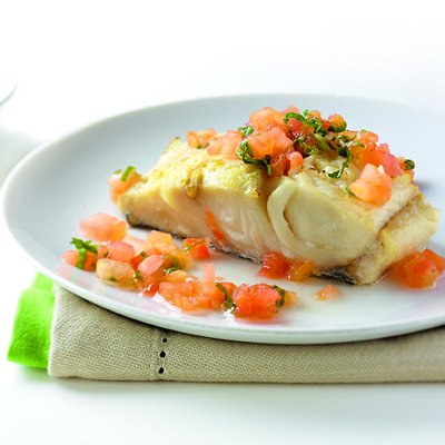 Roasted halibut with tomato-mint salsa