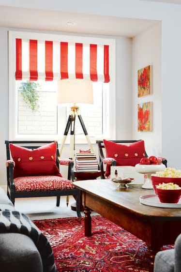 red living room, chairs and accessories