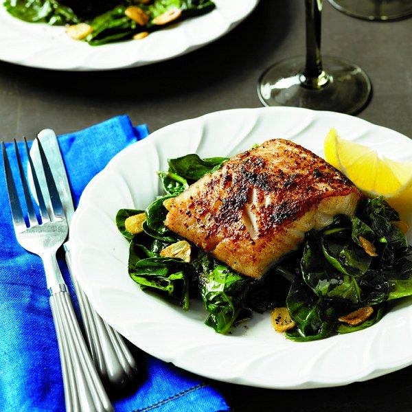 Porcini-crusted black cod with garlic spinach