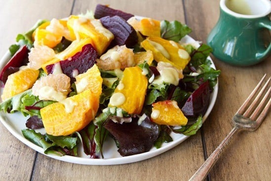 Citrus beet salad with avocado lime dressing