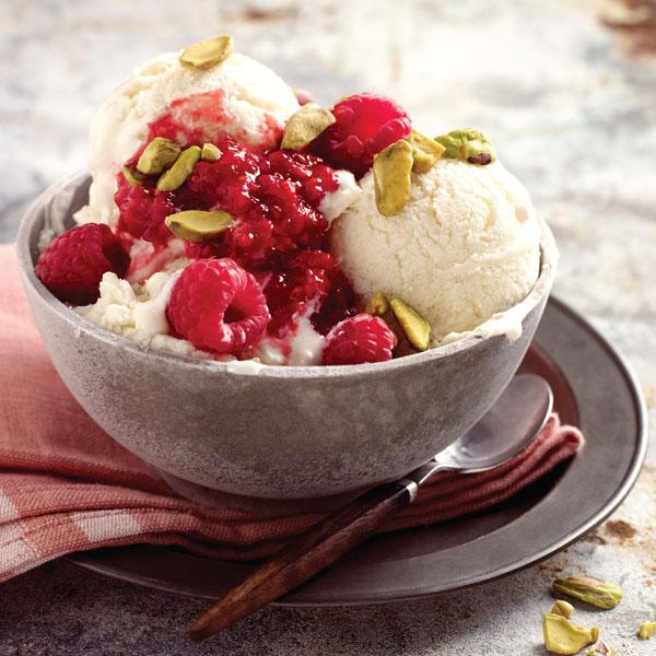 Raspberry recipes: Vanilla frozen yogurt topped with raspberries and pistachios