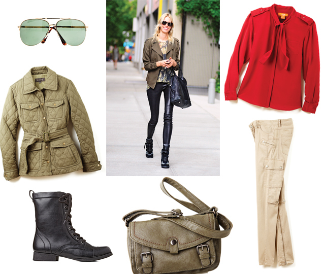 Military clothes, Karolina Kurkova, red blouse, army jacket, beige pants, black boots, aviator sunglasses