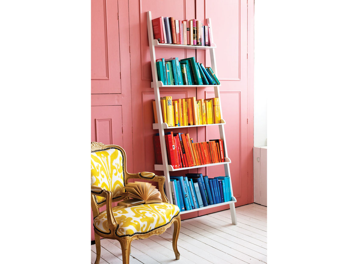 White bookshelf, Colourful books