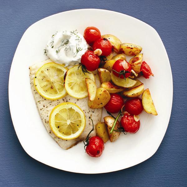 Roasted fish and creamy dill sauce