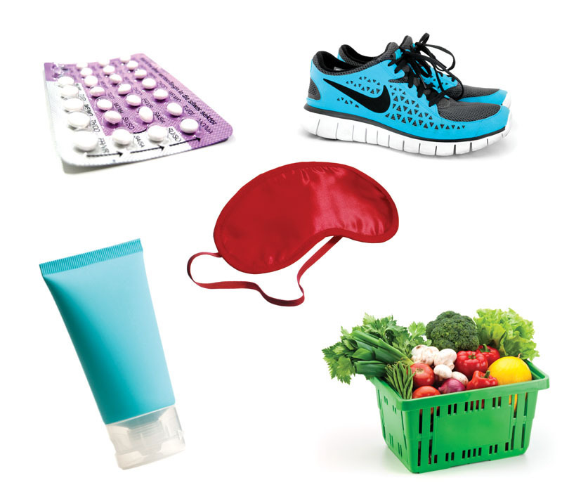 Pills, sleep mask, sunscreen tube, runners, fruits and vegetables