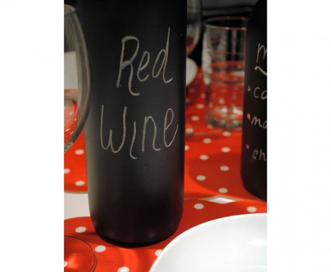 Chalkboard wine bottle with red wine