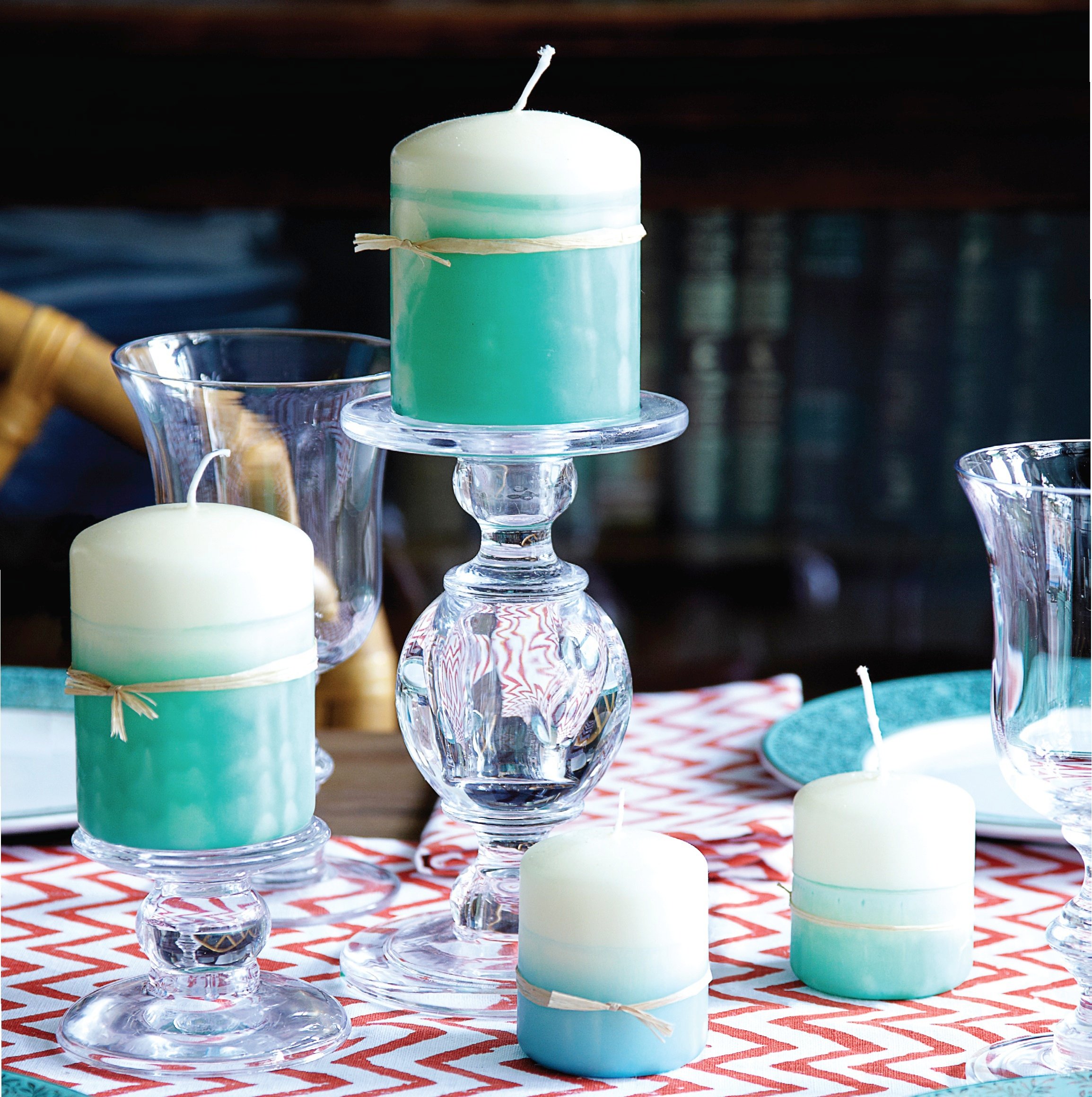 Blue and white hand-dipped pillar candles