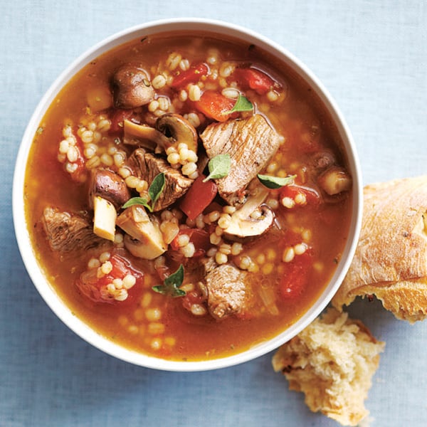 beef barley soup served with bread