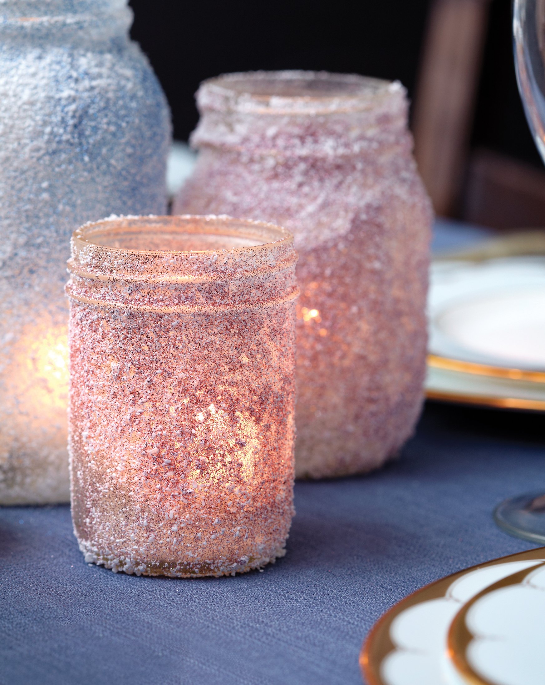 Mason jar votive candles, glitter, epsom salts