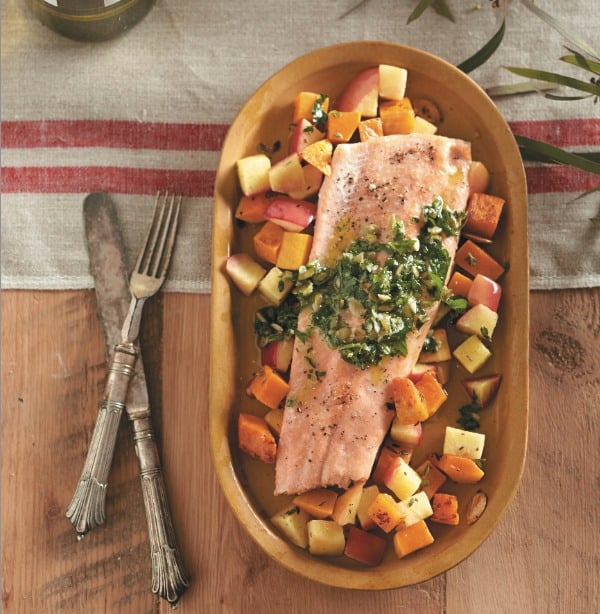 Roasted trout with Braeburn apples and pepita pesto