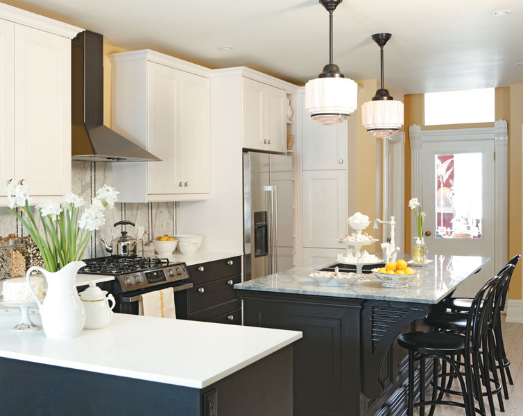Sarah Richardson kitchen design, marble countertop island, black and white