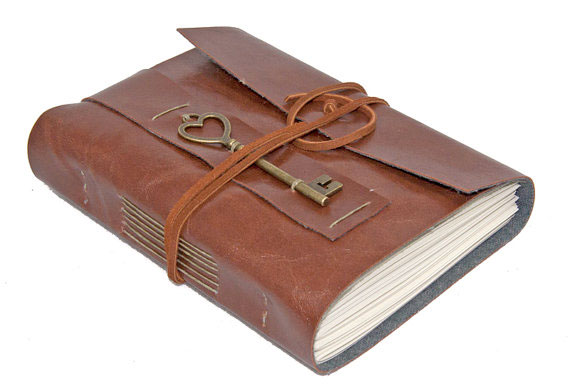 Light Brown Vegan Faux Leather Journal with Heart Key Charm Bookmark 