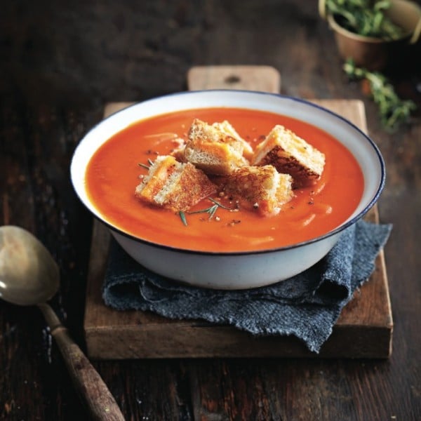 Vegetable soup: tomato soup with grilled cheese croutons