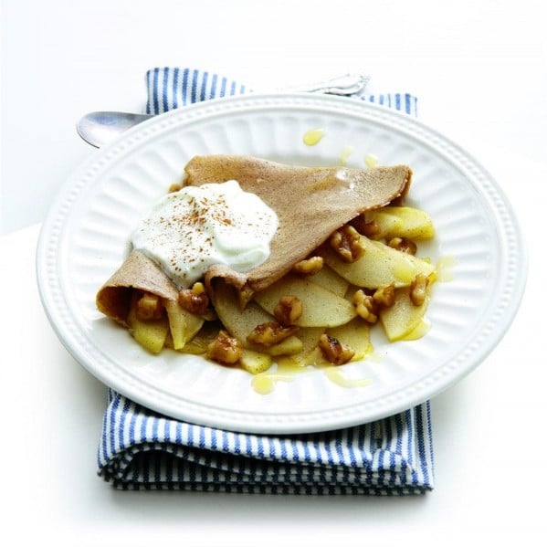 Quinoa crepes with maple-walnut apples
