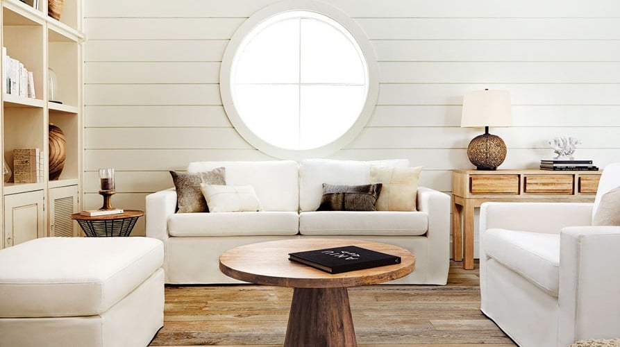 Cottage-style-living-room-Bouclair-round-wood-coffee-table