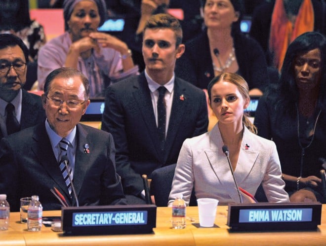 Emma Watson, Ban Ki-Moon attends the launch of the HeForShe Campaign at the United Nations on September 20, 2014 in New York City. Photo, Steve Sands/WireImage/Getty Images.