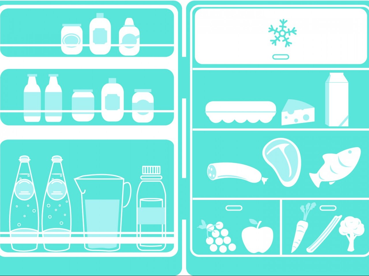 foods that shouldn’t go in the refrigerator: Illustrated fridge with bottles, meat, vegetables, eggs and fish inside