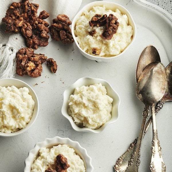 Rice pudding with candied walnuts