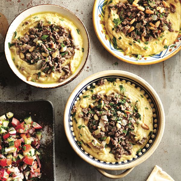 Creamy hummus and spiced lamb with pine nuts