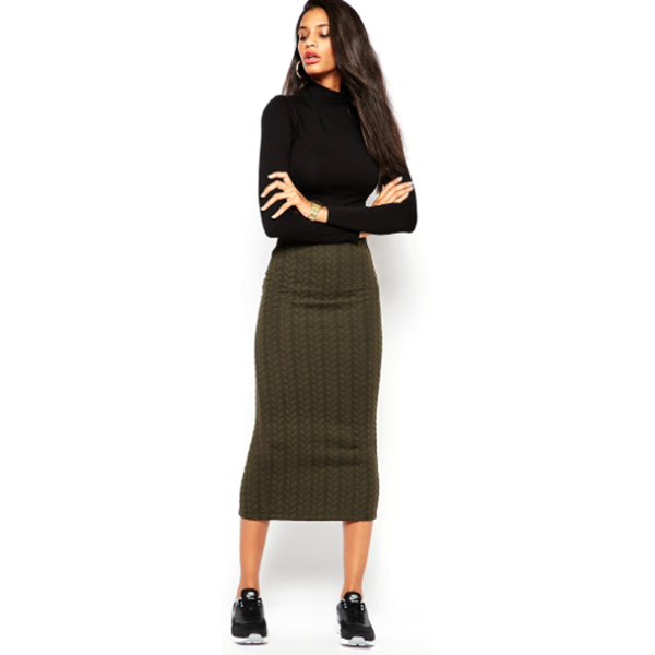 With a midi skirt