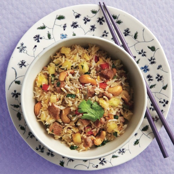 Pineapple and Pork Fried Rice in white and blue flowered bowl