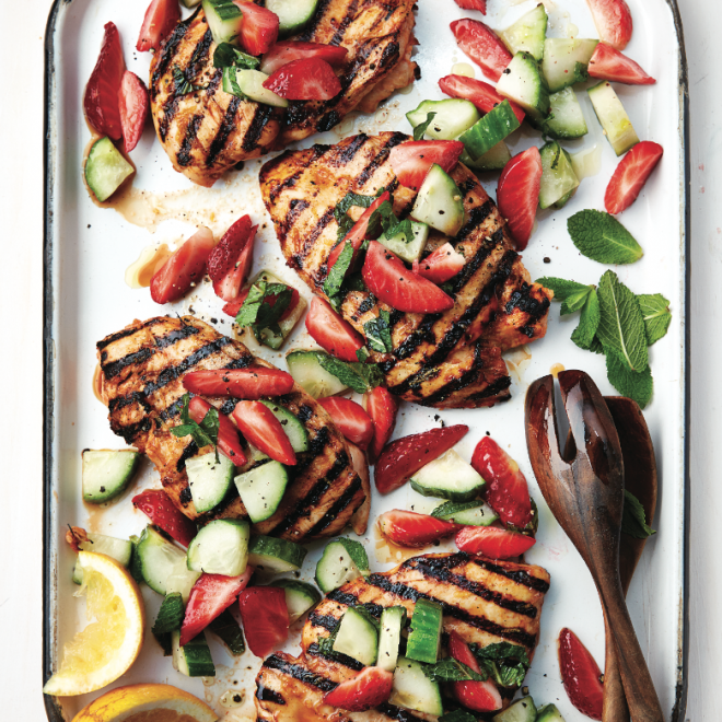 Spicy grilled chicken with strawberry-cucumber salad