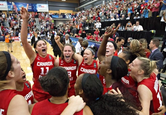 Canada celebrates their win over Cuba during second half action of the 2015 FIBA Americas Women's Championship Final in Edmonton on August 16, 2015. The Canadian women's basketball team peaked at the perfect time this summer, using a gold-medal run at the Pan American Games in Toronto as a springboard for a dominant performance at the FIBA Americas women's championship in Edmonton. Now, with a berth at the 2016 Summer Olympics locked up well in advance, the trick is figuring out how to do it again next summer. THE CANADIAN PRESS/Jason Franson
