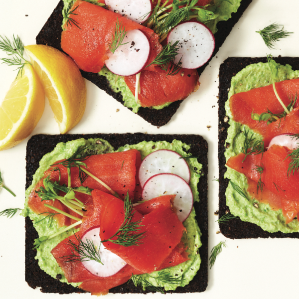 Pea and smoked salmon open-face sandwich