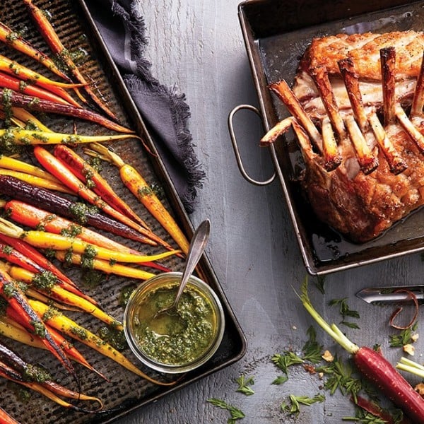 Rack of lamb with carrots and carrot top pesto