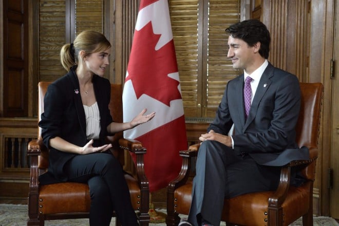 Canadian Prime Minister Justin Trudeau meets with actor and United Nations Women Goodwill Ambassador Emma Watson in Ottawa, Wednesday September 28, 2016. THE CANADIAN PRESS/Adrian Wyld