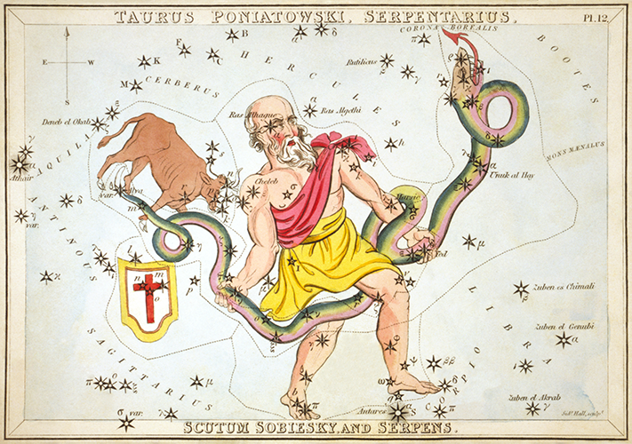 Ophiuchus, the serpent bearer constellation, was identified thousands of years ago. Image, Sidney Hall.