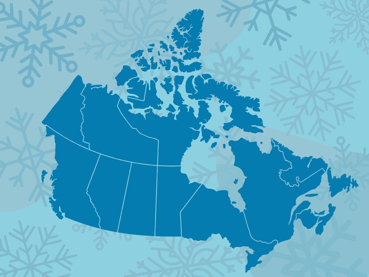 Illustration of map of canada on a blue background with big snowflakes for the article on winter weather