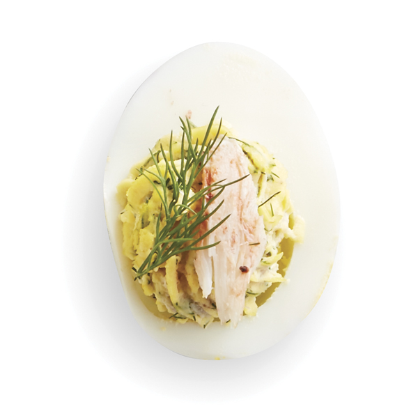 Crab-filled devilled eggs with dill