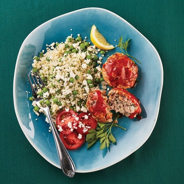 Mini meat loaves with pea and feta couscous