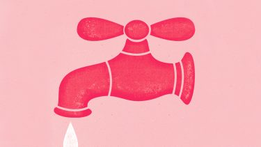A red tap on a pink background leaks one drop, representing what happens with pelvic prolapse.