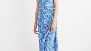 Summer maxi dresses, like this blue Madewell Ruffled Wrap Maxi Dress in Mini Daisy, are an easy pick for summer