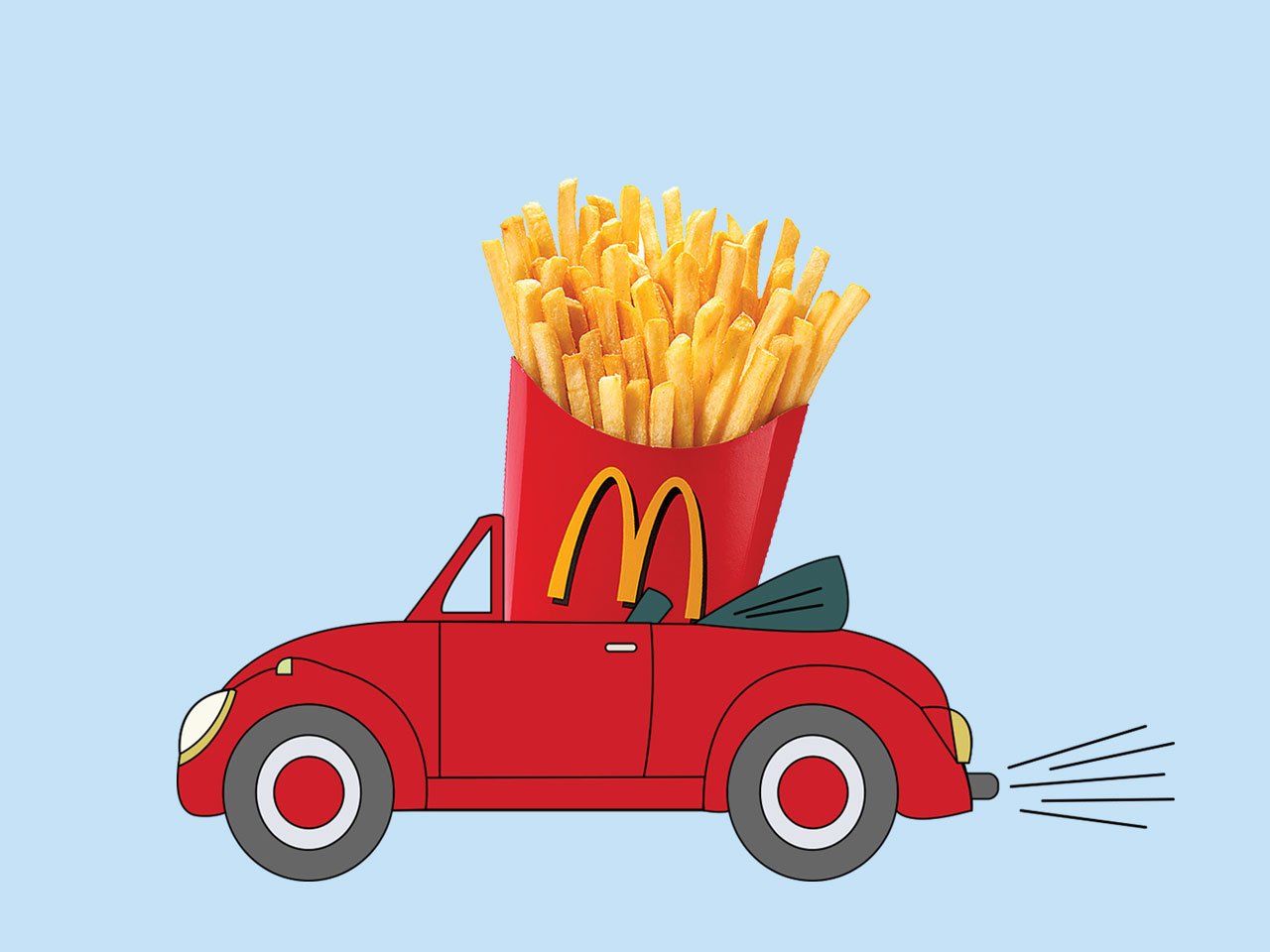 McDonald's delivery: Car driving around with a pack of french fries inside