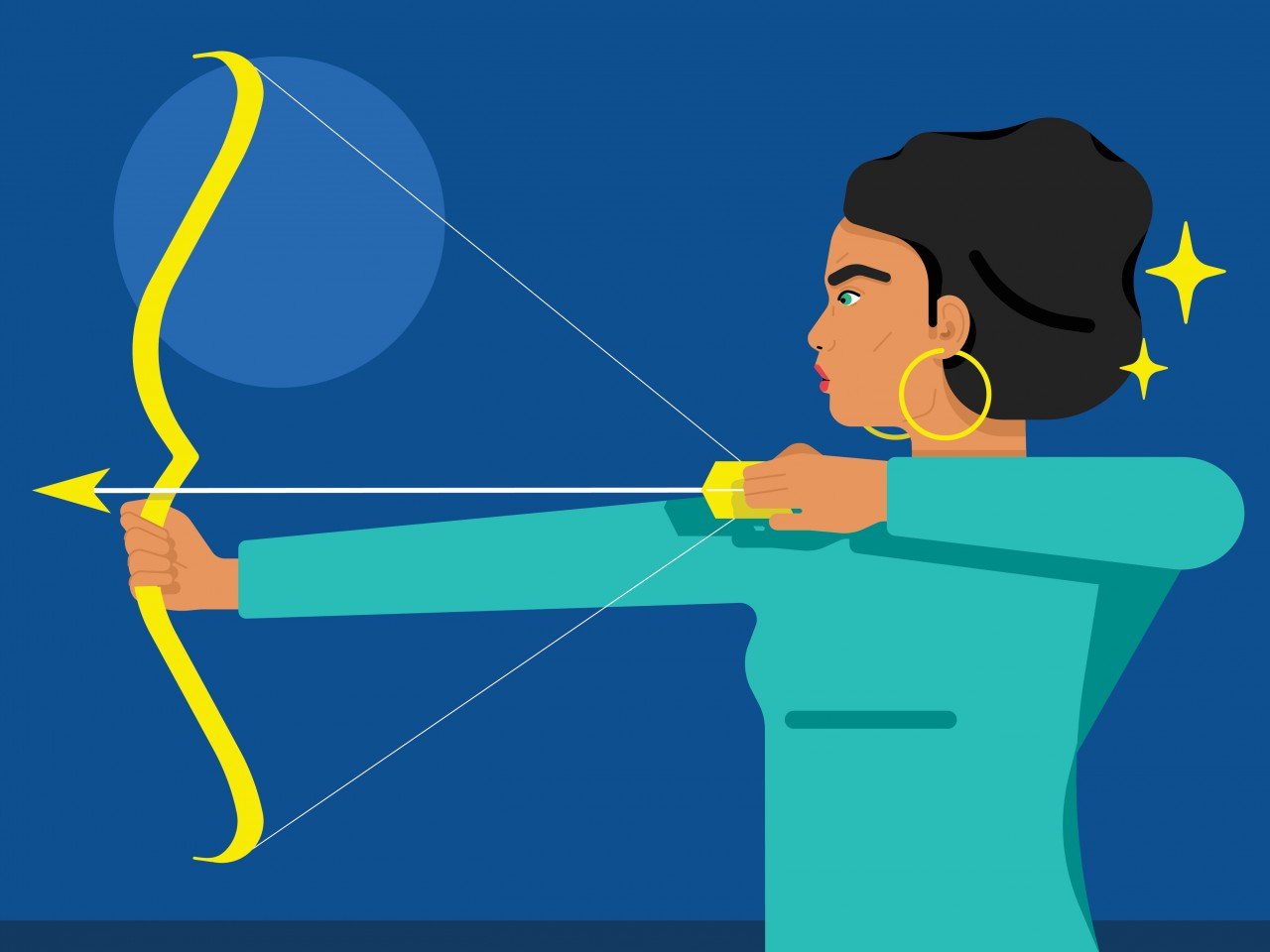 A woman holding a bow and arrow represents the astrological sign of Sagittarius