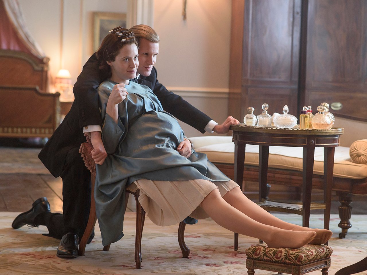 Production still from The Crown, where Philip and Elizabeth share an intimate moment. The Crown Season Two.