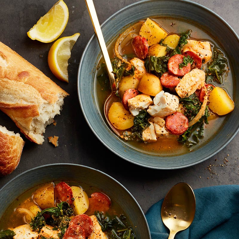 One-pot chorizo and halibut soup