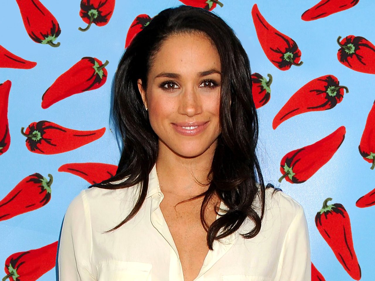 Meghan Markle Terroni Hot Chilies: Meghan Markle in white blouse in front of chili-pepper-covered background