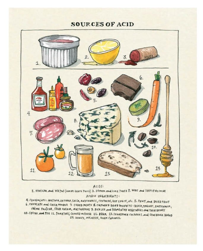 Sources of Acid Illustrations from Salt, Fat, Acid, Heat by Samin Nosrat